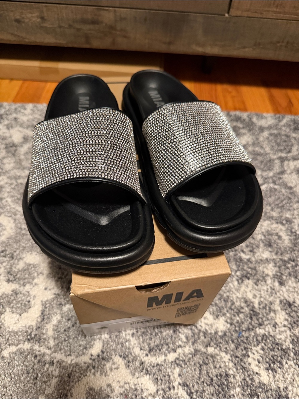 MIA Crystal-Embellished Black Slide Sandals